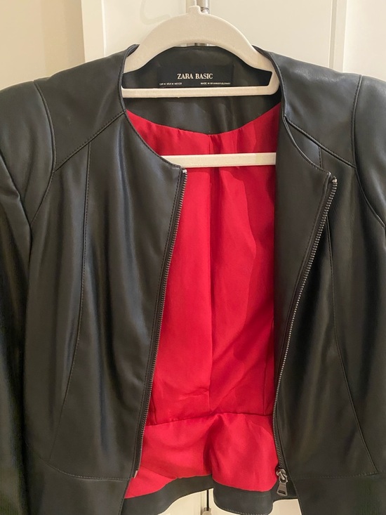 Zara Jackets & Blazers - New Zara Black Faux-Leather Jacket with Red Lining